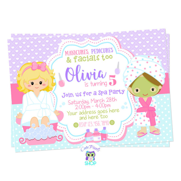 Spa Invitation for a Spa Birthday Party with two girls in a spa outfit and cute colors