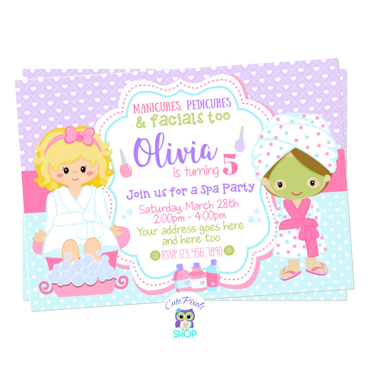 Spa Invitation for a Spa Birthday Party with two girls in a spa outfit and cute colors
