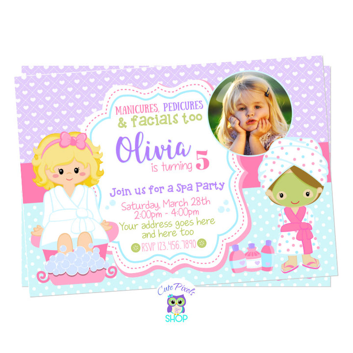 Spa Invitation for a Spa Birthday Party with two girls in a spa outfit and cute colors. Includes Child's Photo