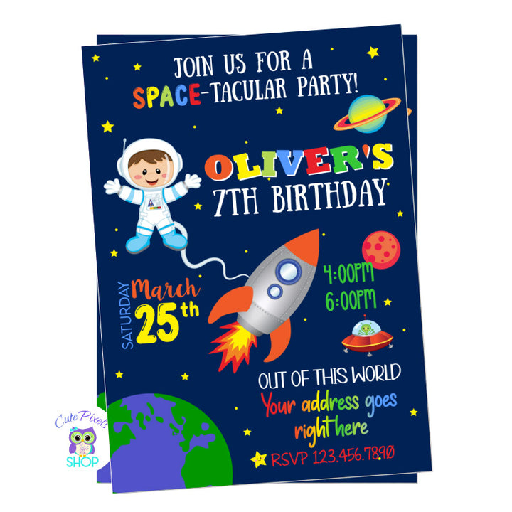 Space invitation for an out of this world birthday party. Full of planets, stars, rocket and astronaut boy.