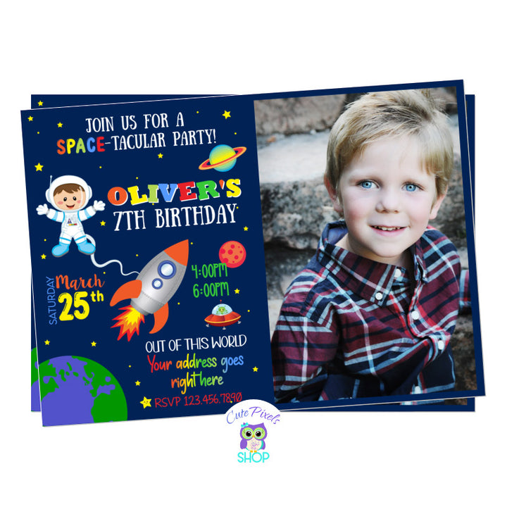 Space invitation for an out of this world birthday party. Full of planets, stars, rocket and astronaut boy. Includes child's photo