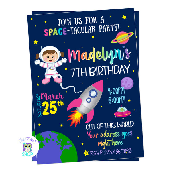 Space invitation for an out of this world birthday party. Full of planets, stars, rocket and astronaut.