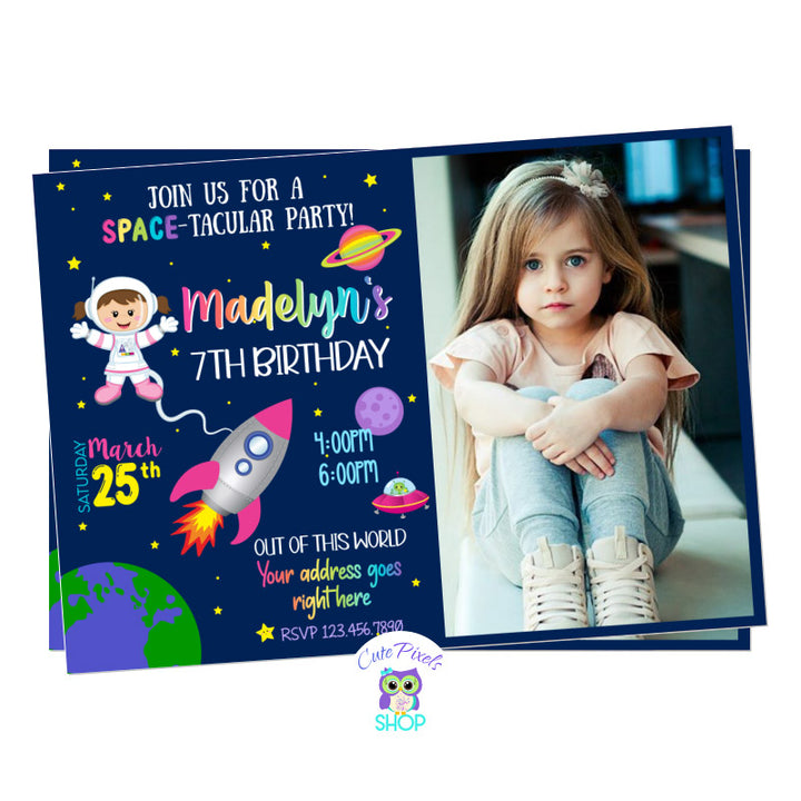 Space invitation for an out of this world birthday party. Full of planets, stars, rocket and astronaut. Includes child's photo