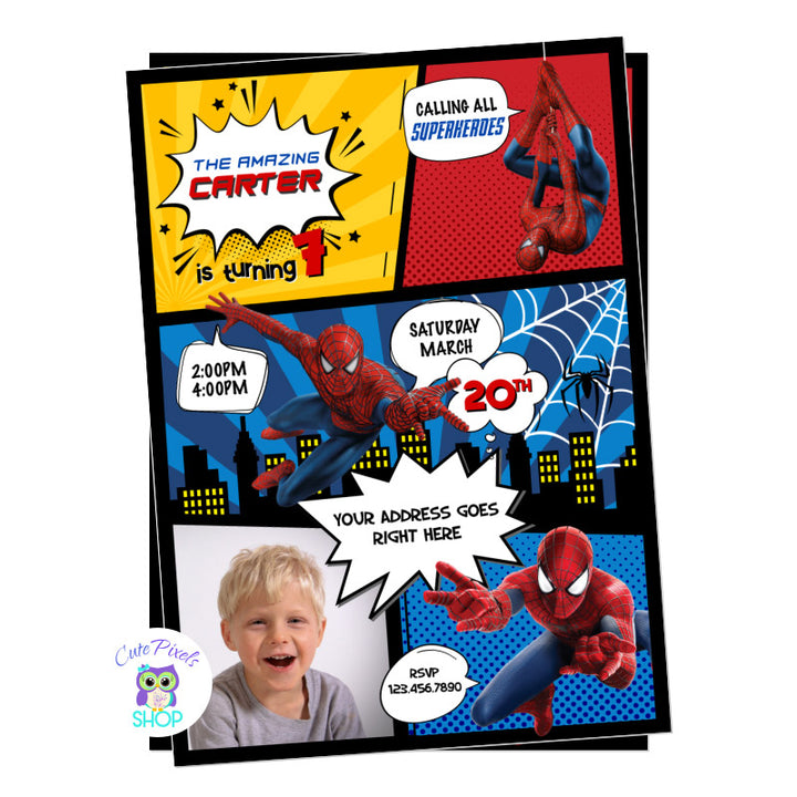Spiderman invitation for a Superheroes birthday in a comic style. Includes child's photo