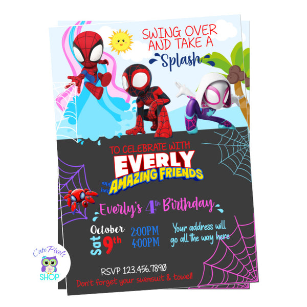 Spidey and his amazing friends invitation for a pool birthday party, perfect for a summer birthday and your Spiderman fan! Girl design