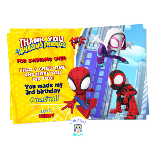 Spidey and his amazing friends thank you card. With Spidey, Spin and Ghost-Spider and a cute Thank you message