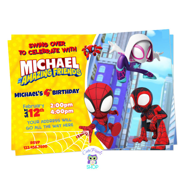 Spidey and his amazing friends invitation in a yellow background with spiderweb and the city with Spidey, Spin and Ghost-Spider ready to save your superhero birthday party