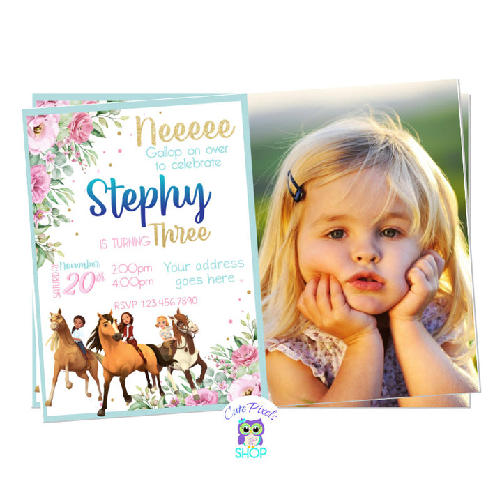 Spirit Riding free Invitation with cute flowers background, Lucky, Abigail and Pru riding their horses. Perfect for a Spirit Free Riding Birthday Party. Includes child's photo