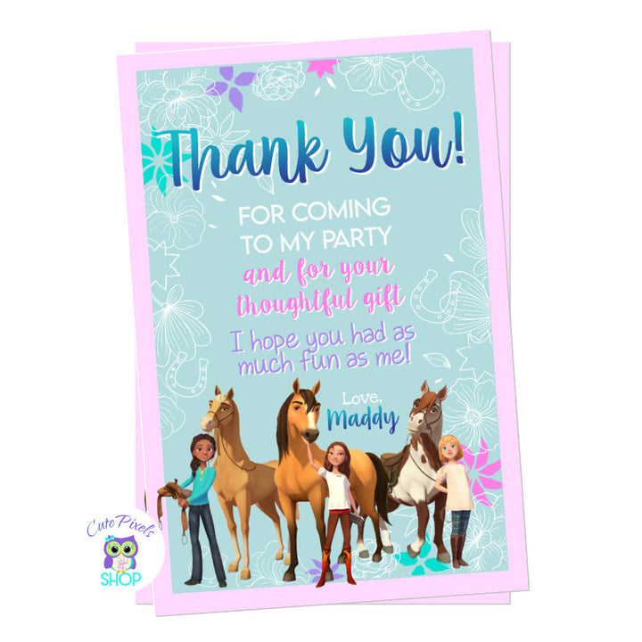Spirit Riding Free Thank You Card, perfect for a Horse birthday party with Lucky, Abigail and Pru riding their horses