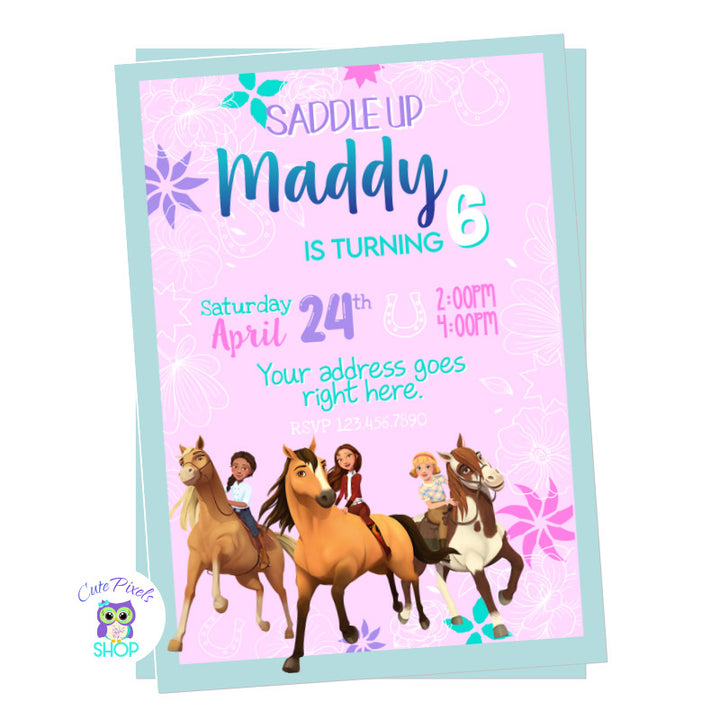 Spirit Riding Free Invitation, perfect for a Horse birthday party with Lucky, Abigail and Pru riding their horses