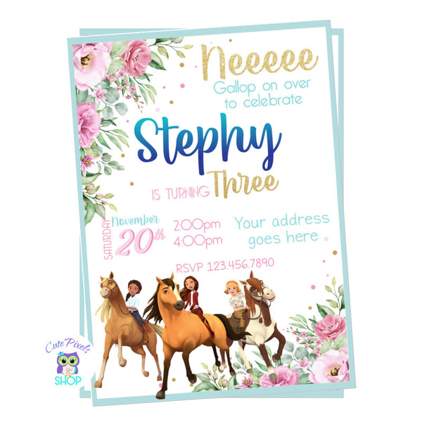 Spirit Riding free Invitation with cute flowers background, Lucky, Abigail and Pru riding their horses. Perfect for a Spirit Free Riding Birthday Party.