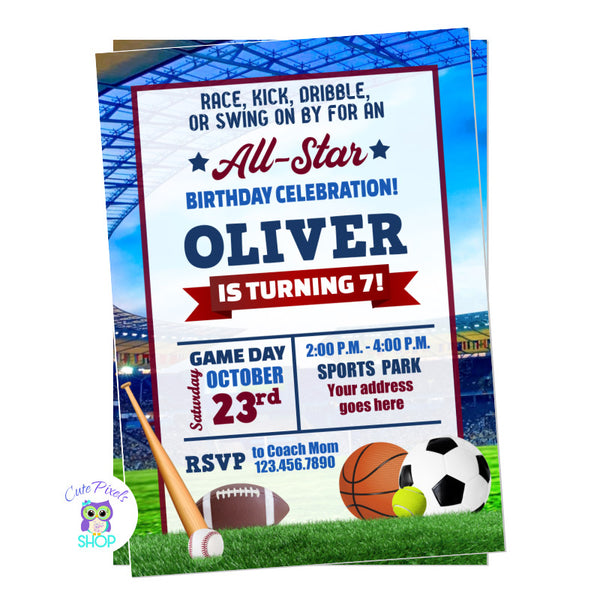 Sports invitation with an stadium background and soccer, Basketball, Tennis, Football and Softball balls, for your little sport fan!