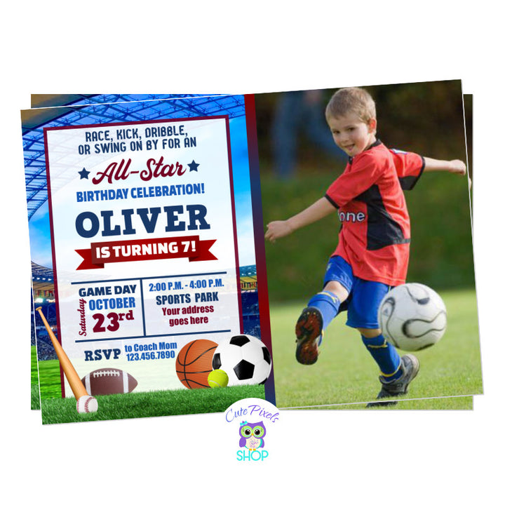 Sports invitation with an stadium background and soccer, Basketball, Tennis, Football and Softball balls, for your little sport fan! Includes child's birthday
