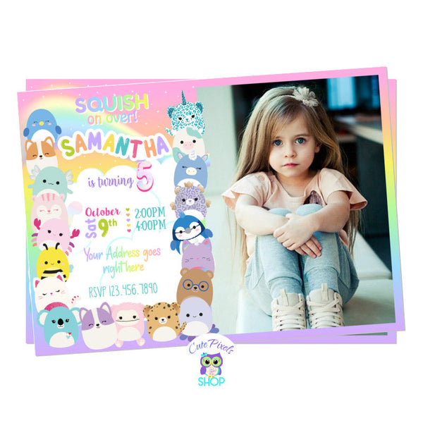 Squishmallows invitation full of the cutest squish plush toys and rainbow colors. Perfect for a squishmallow birthday party! Includes child's photo