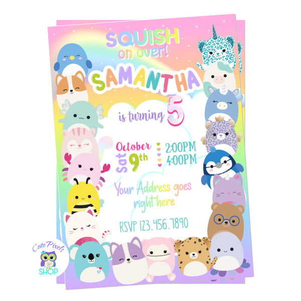 Squishmallows invitation full of the cutest squish plush toys and rainbow colors. Perfect for a squishmallow birthday party!