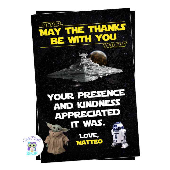 Star Wars thank you card, stars background with the Star Wars space ship baby yoda and R2-D2