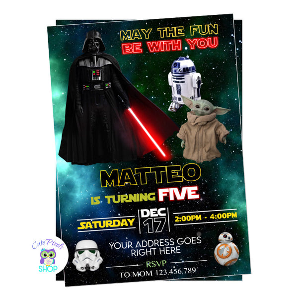 Star Wars Invitation in a galaxy background with Darth Vader, baby Yoda, R2-D2, BB-8.