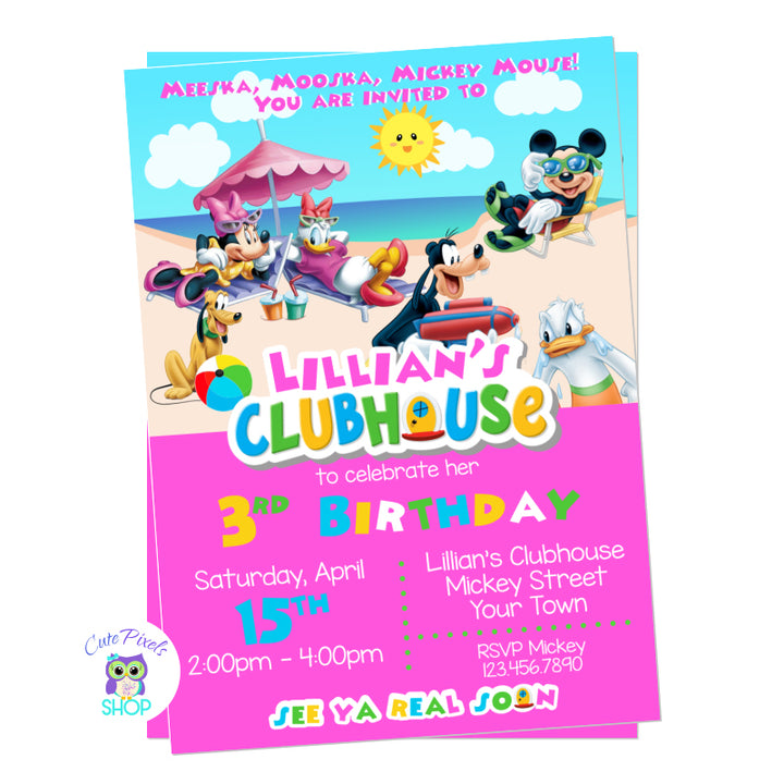 Mickey invitation for a Summer party. All Mickey Mouse clubhouse friends are enjoying summer in a the beach. Mickey Mouse, Minnie Mouse, Donald, Daisy, goofy and Pluto in the beach wearing swimwear. Pink design
