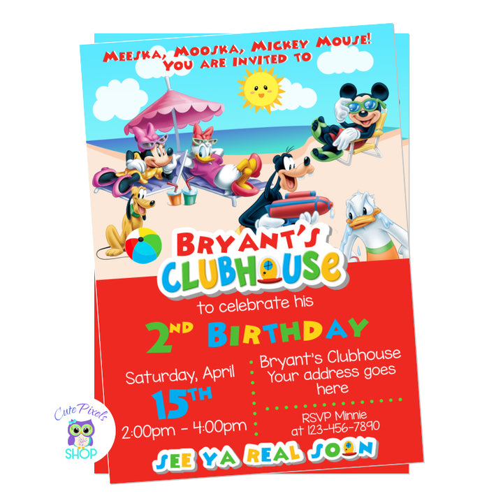 Mickey invitation for a Summer party. All Mickey Mouse clubhouse friends are enjoying summer in a the beach. Mickey Mouse, Minnie Mouse, Donald, Daisy, goofy and Pluto in the beach wearing swimwear. Red design