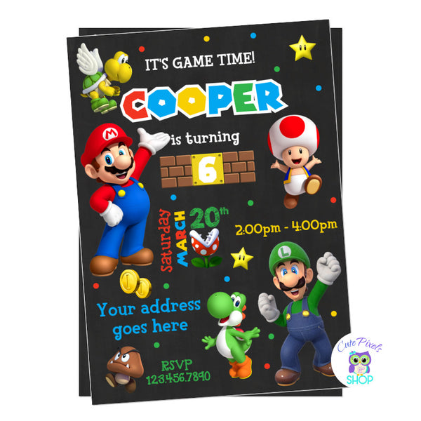 Super Mario Bros Invitation for a Video Game Birthday! Including Mario, Luigi, Yoshi, Toad,  Goomba and Koopa