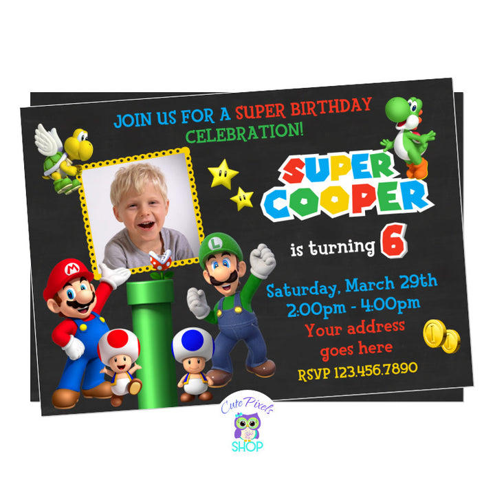 Super Mario Bros Birthday Invitation for a Super Game Birthday Party! Including Super Mario, Luigi, Toad and Yoshi ready to game and celebrate.