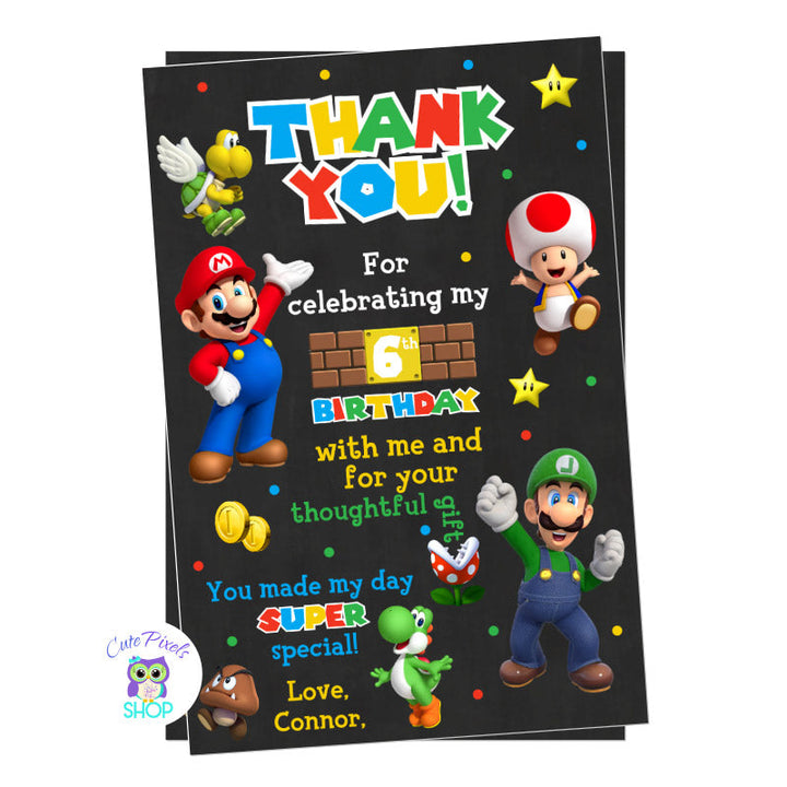Super Mario Bros Thank You Card for a Video Game Birthday! Including Mario, Luigi, Yoshi, Toad, Goomba and Koopa. Includes child's photo