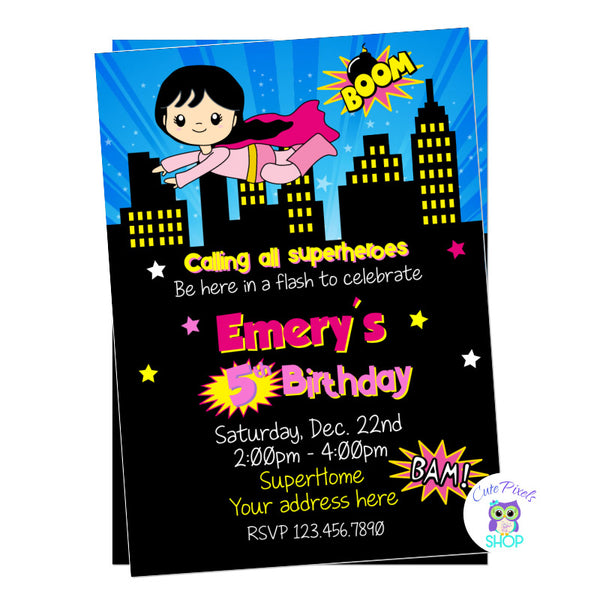 Supergirl invitation for superhero birthday for girls. Super hero girl flying above the city and calling all superheroes to celebrate