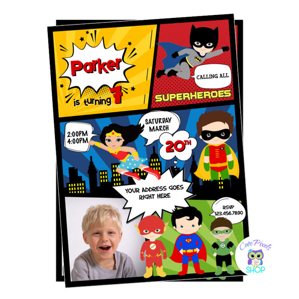 Superhero Invitation with superhero kids including Batman, Superman, Wonder Woman, Robin, Flash and Green Lantern. Perfect for a Super Hero Birthday Party in a Comics style. Includes Child's Photo