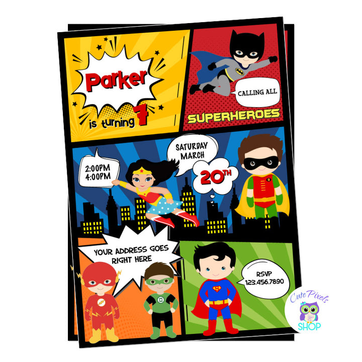 Superhero Invitation with superhero kids including Batman, Superman, Wonder Woman, Robin, Flash and Green Lantern. Perfect for a Super Hero Birthday Party in a Comics style