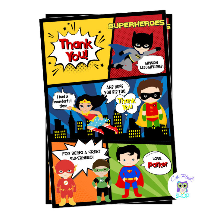 Superhero Thank You card with superhero kids including Batman, Superman, Wonder Woman, Robin, Flash and Green Lantern. Perfect for a Super Hero Birthday Party in a Comics style