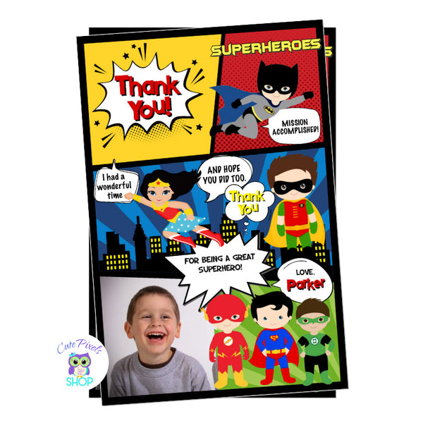 Superhero Thank You card with superhero kids including Batman, Superman, Wonder Woman, Robin, Flash and Green Lantern. Perfect for a Super Hero Birthday Party in a Comics style. Includes your child's photo