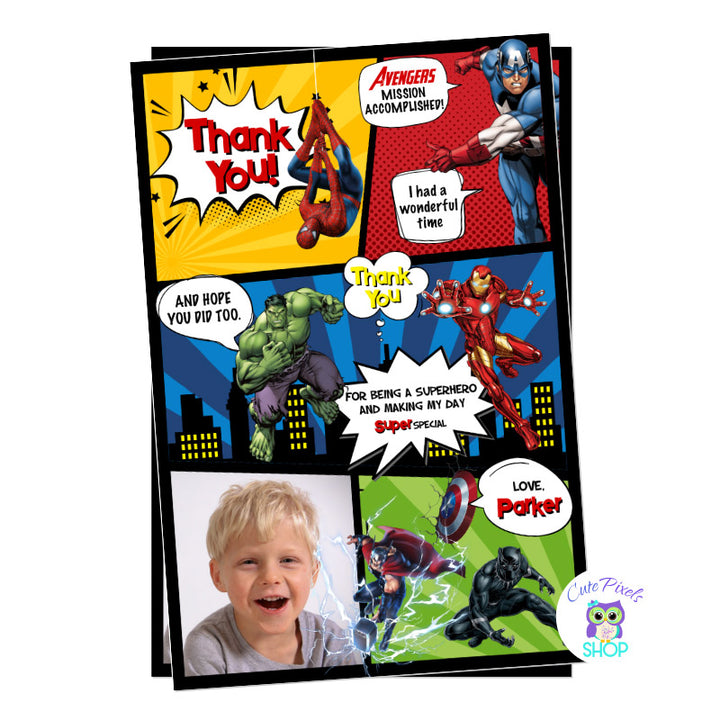 Avengers thank you card in a comic style with all superheroes on it, Spiderman, Captain America, Hulk, Iron Man, Thor and Black Panther. Includes child's photo