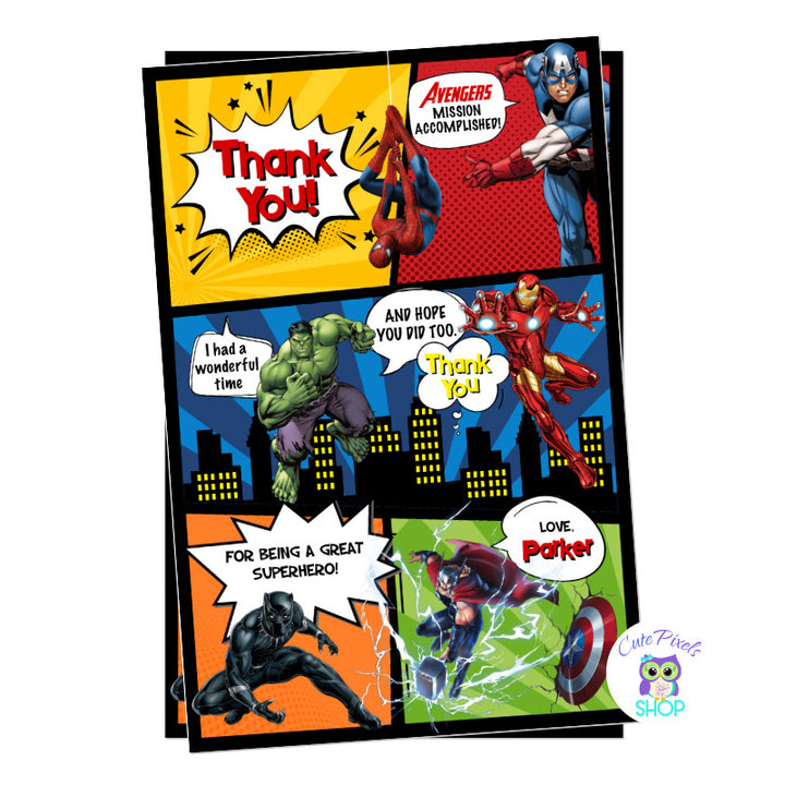 Avengers thank you card in a comic style with all superheroes on it, Spiderman, Captain America, Hulk, Iron Man, Thor and Black Panther.