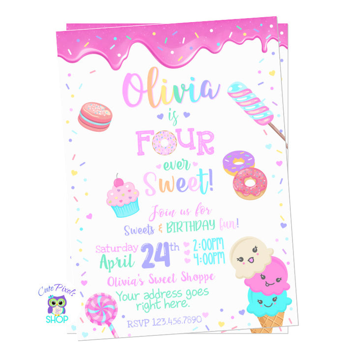 Four ever sweet birthday invitation. Sweet birthday invitation for fourth birthday with colorful sprinkles, ice cream, sweets, candy and doughnuts. White Background