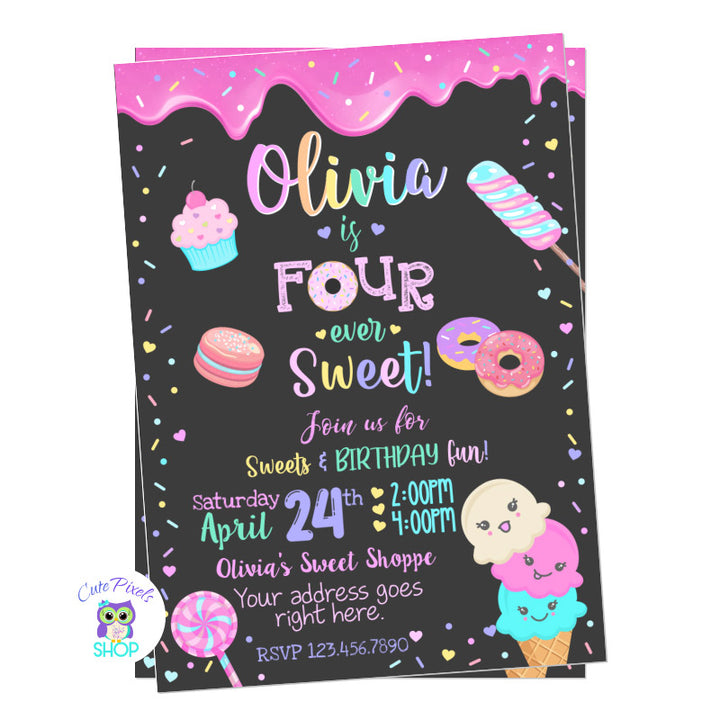 Four ever sweet birthday invitation. Sweet birthday invitation for fourth birthday with colorful sprinkles, ice cream, sweets, candy and doughnuts. Chalkboard Background