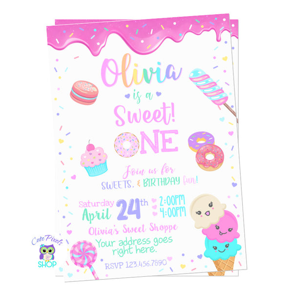 Sweet One birthday invitation. Sweet birthday invitation for first birthday with colorful sprinkles, ice cream, sweets, candy and doughnuts. Cream Background