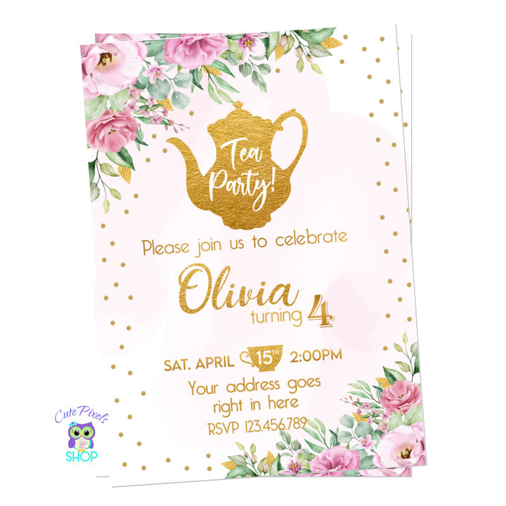 Tea Party Invitation for cute Tea Birthday Party, full of gold, watercolor pink background, pink flowers and a gold tea pot.