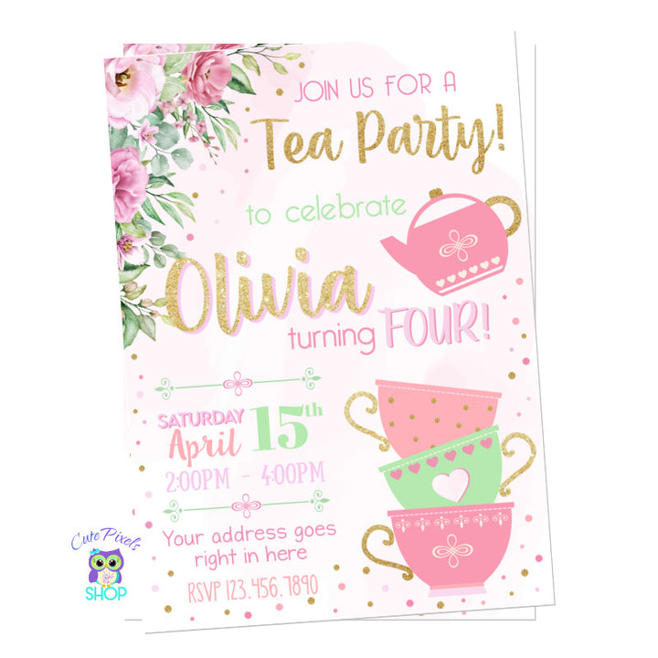 Tea Party Invitation for cute Tea Birthday Party, with a watercolor pink background, pink flower, tea cups and a tea pot, with touches of gold.
