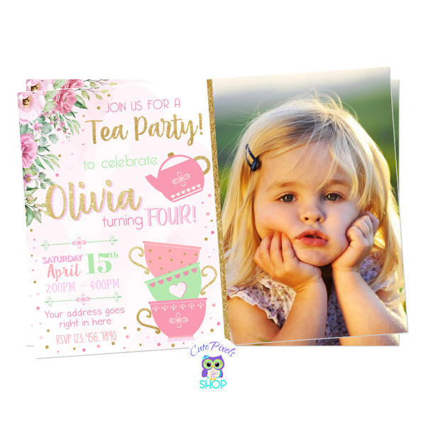 Tea Party Invitation for cute Tea Birthday Party, with a watercolor pink background, pink flower, tea cups and a tea pot, with touches of gold. Includes child's photo.