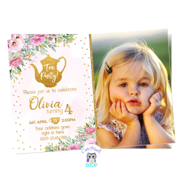 Tea Party Invitation for cute Tea Birthday Party, full of gold, watercolor pink background, pink flowers and a gold tea pot. Includes child's photo