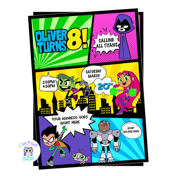 Teen Titans go Invitation with Cyborg, Beast Boy, Starfire, Robin, Raven and Silkie in a comic style.