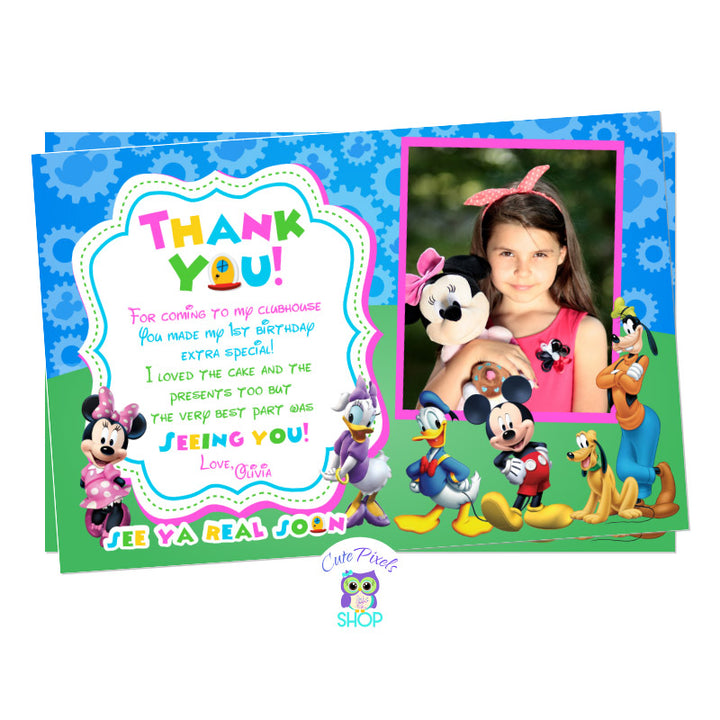 Thank you Card for Mickey Mouse Clubhouse Birthday with Child Photo. Card in pink design