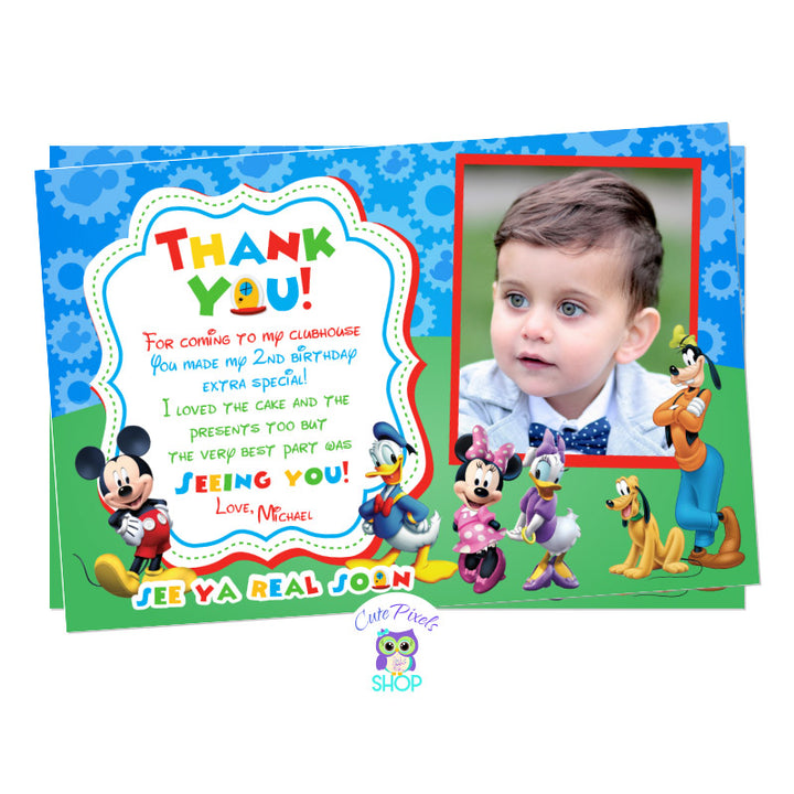 Thank you Card for Mickey Mouse Clubhouse Birthday with Child Photo. Card in red design