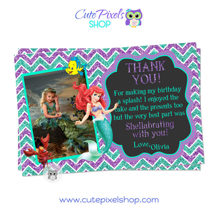 The Little Mermaid Thank You Card with photo, Chalkboard background, style 04