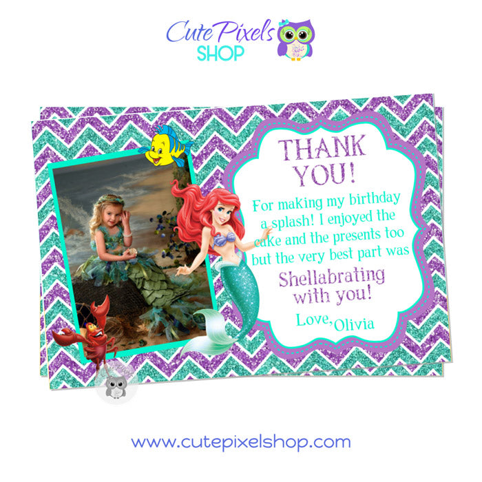 The Little Mermaid Thank You Card with photo, White background, style 04
