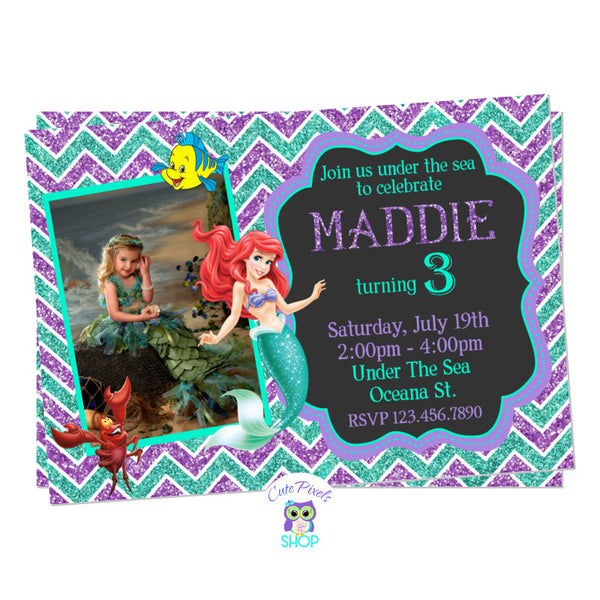 The little mermaid invitation with Ariel, Sebastian and Flounder. Glitter background in teal and purple. Chalkboard Background and child's photo