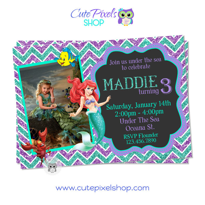The Little Mermaid Invitation with photo, Chalkboard background, style 04