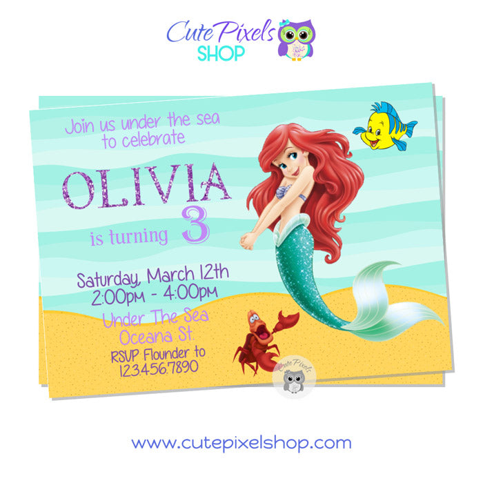 Little Mermaid Invitation with Princess Ariel as a mermaid, Sebastian and Flounder in an Under the sea background