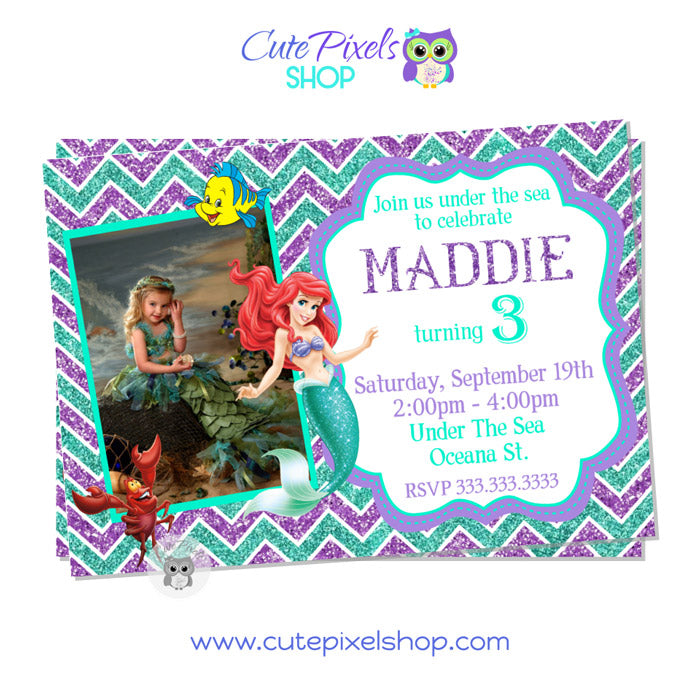 The Little Mermaid Invitation with photo, White background, style 04