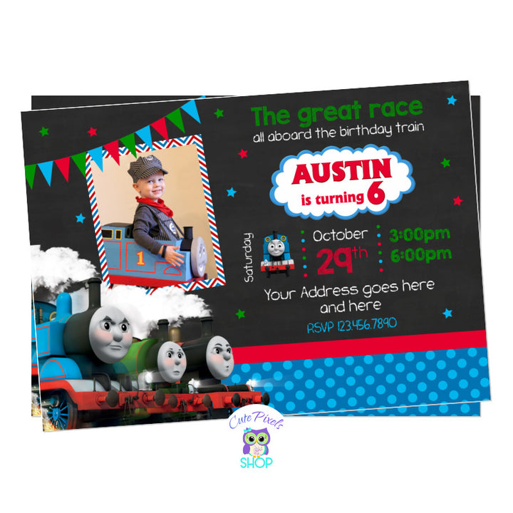 Thomas Train Invitation for a Thomas Train and friends Birthday Party. Having Thomas Train and their friends in a chalkboard background with child's name as Thomas train logo and including child's photo. Red, Blue and Green as main colors